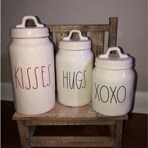 New Set of 3 Rae Dunn Valentine's Day Canisters Kisses Hugs XOXO